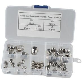 50Pcs 5 Sizes Hex Acorn Cap Nuts Assortment Kit M3 M4 M5 M6 M8 Nylon Female Thread Bolt Cover Cap Heavy Duty 304 Stainless Steel Dome Nuts Plain Finish Decorative Round Head Cover
