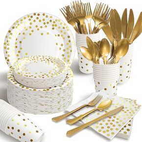 175PCS White and Gold Party Supplies, Severs 25 Disposable Party Dinnerware, Gold Plastic Forks Knives Spoons and Golden Dot Paper Plates, White Napkins Cups for Graduation, Birthday, Wedding