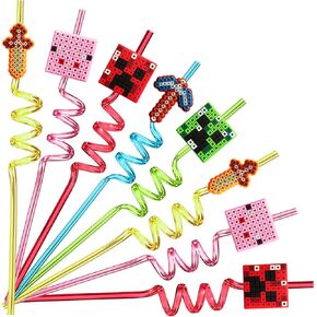 25 Reusable Pixel Straws for Miner Craft Party Supplies Favors, Pixel Spider Creepah Party Supplies Gift with 2 Cleaning Brushes in Kuwait