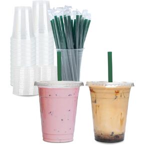 Aatriet [100 Sets] 32 oz Clear Plastic Cups with Lids and STRAWS, Disposable Party Cups for To Go Iced Coffee Cold Drinks, Smoothie, Juice, Parfait, Frappuccino, Milkshake. No Leaking Fruit Cup