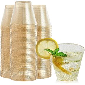 FOCUSLINE 100 Pack Gold Rimmed Plastic Cups 10 oz Clear Plastic Cups Tumblers, Fancy Disposable Hard Plastic Cups with Gold Rim for Wedding Cups Elegant Party Cups