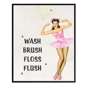Wash Brush Floss Flush Sign - Vintage Bathroom Wall Art Decoration - Cute Unique Gift or Bathroom Decor for Women - Pink 1950s Pinup for Powder Room, Guest Bath, Restroom - UNFRAMED Retro Poster Print