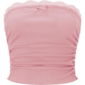 Women Lace Trim Tube Top Strapless Ribbed Ruched Bandeau Y2k Summer Going Out Crop Tops