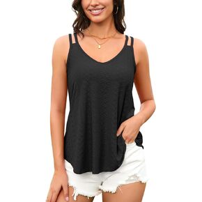 V FOR CITY Womens Tank Tops with Built-in Bra Flowy Eyelet Embroidery V Neck Camisole Adjustable Spaghetti Strap Camis Shirts