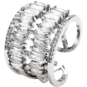 Silver Adjustable Costume Statement Rings for Women Chunky Crystal Rhinestone Cocktail Ring for Party Engagement Wedding Anniversary (Baguette)