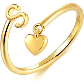 Gold Initial Rings for Women Girls 14K Gold Plated Adjustable Rings Dainty Heart Stackable Letter Rings Alphabet Letter A to Z Resizable Knuckle Ring Jewelry Gifts for Women