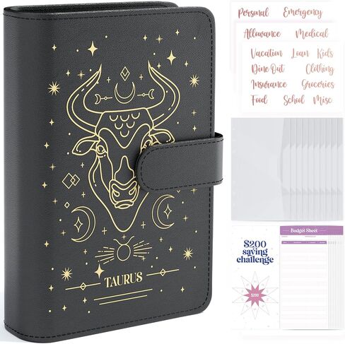 مجلد ميزانية SOUL MAMA Zodiac مع مغلفات نقدية للميزانية - مجلد Black Taurus A6، منظم أموال لحافظة النقود، مجلد توفير المال مع مغلفات الميزانية وملصقات ذهبية وردية in Saudi Arabia