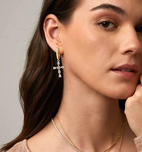 Small Gold Dangle Hoop Earrings for Women Hypoallergenic 14k Gold Plated Dainty Lightweight Cubic Zirconia Geometric Drop Earrings for Girls in Saudi Arabia