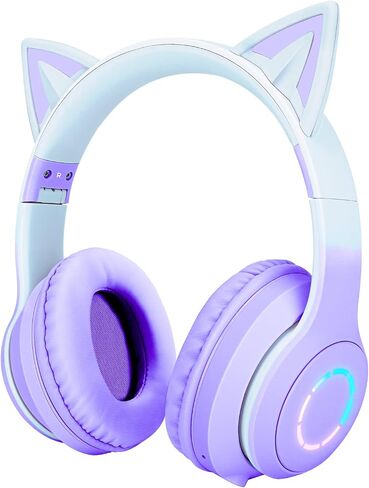QearFun Car Ear Bluetooth Headphones Foldable, 7 Colors Led Light Up Kids Adults Girls Over Ear Wireless Headphones with Built-in Mic & 3.5mm Jack, Cat Gaming Headset for iPad/Tablet/PS4/PS5 Purple in Saudi Arabia