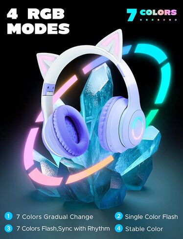QearFun Car Ear Bluetooth Headphones Foldable, 7 Colors Led Light Up Kids Adults Girls Over Ear Wireless Headphones with Built-in Mic & 3.5mm Jack, Cat Gaming Headset for iPad/Tablet/PS4/PS5 Purple in Saudi Arabia