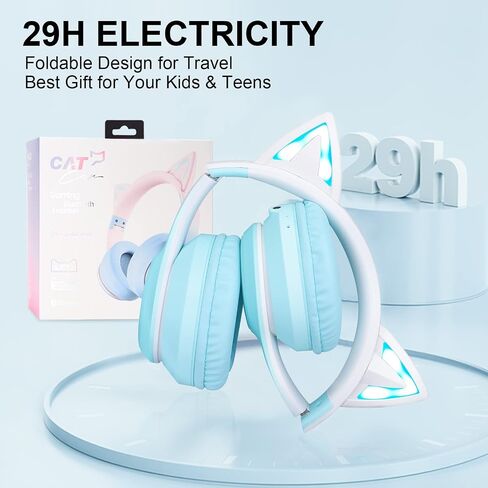 QearFun Car Ear Bluetooth Headphones Foldable, 7 Colors Led Light Up Kids Adults Girls Over Ear Wireless Headphones with Built-in Mic & 3.5mm Jack, Cat Gaming Headset for iPad/Tablet/PS4/PS5 Purple in Saudi Arabia