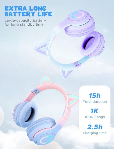 QearFun Car Ear Bluetooth Headphones Foldable, 7 Colors Led Light Up Kids Adults Girls Over Ear Wireless Headphones with Built-in Mic & 3.5mm Jack, Cat Gaming Headset for iPad/Tablet/PS4/PS5 Purple in Saudi Arabia