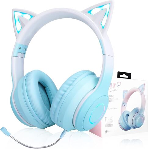 QearFun Car Ear Bluetooth Headphones Foldable, 7 Colors Led Light Up Kids Adults Girls Over Ear Wireless Headphones with Built-in Mic & 3.5mm Jack, Cat Gaming Headset for iPad/Tablet/PS4/PS5 Purple in Saudi Arabia