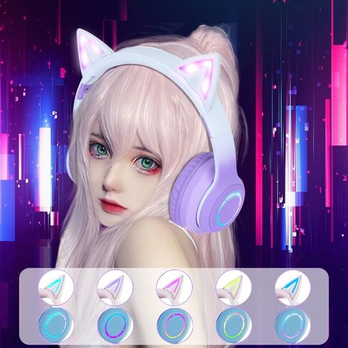 QearFun Car Ear Bluetooth Headphones Foldable, 7 Colors Led Light Up Kids Adults Girls Over Ear Wireless Headphones with Built-in Mic & 3.5mm Jack, Cat Gaming Headset for iPad/Tablet/PS4/PS5 Purple in Saudi Arabia