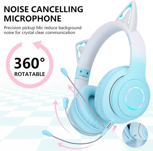 QearFun Car Ear Bluetooth Headphones Foldable, 7 Colors Led Light Up Kids Adults Girls Over Ear Wireless Headphones with Built-in Mic & 3.5mm Jack, Cat Gaming Headset for iPad/Tablet/PS4/PS5 Purple in Saudi Arabia