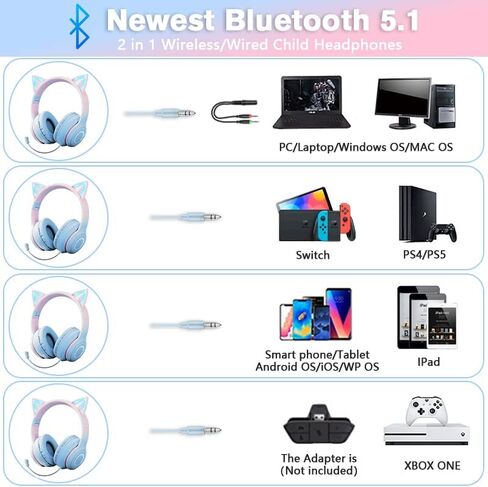 QearFun Car Ear Bluetooth Headphones Foldable, 7 Colors Led Light Up Kids Adults Girls Over Ear Wireless Headphones with Built-in Mic & 3.5mm Jack, Cat Gaming Headset for iPad/Tablet/PS4/PS5 Purple in Saudi Arabia