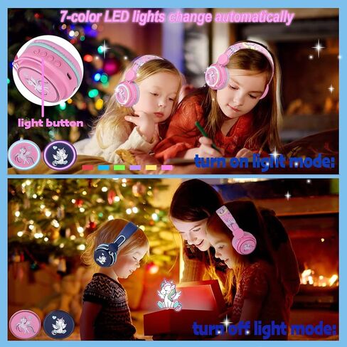 Kids Headphones Unicorn, Color Changing LED Light Wireless Bluetooth Headphones for Kids Girls Boys School, Anime Over-Ear Bluetooth Headphones with Microphone for Tablet/ipad/Travel (Pink) in Saudi Arabia