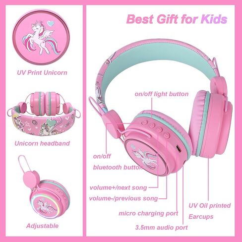 Kids Headphones Unicorn, Color Changing LED Light Wireless Bluetooth Headphones for Kids Girls Boys School, Anime Over-Ear Bluetooth Headphones with Microphone for Tablet/ipad/Travel (Pink) in Saudi Arabia