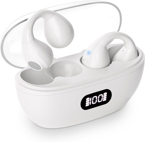 Wireless Earbuds Bone Conduction Headphones Open Ear Earbuds Wireless Bluetooth 5.3 with LED Power Display Deep Bass Clip On Earbuds for Studying Workout, and Driving Earbuds for iPhone/Samsung White in Kuwait