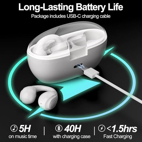 Wireless Earbuds Bone Conduction Headphones Open Ear Earbuds Wireless Bluetooth 5.3 with LED Power Display Deep Bass Clip On Earbuds for Studying Workout, and Driving Earbuds for iPhone/Samsung White in Kuwait
