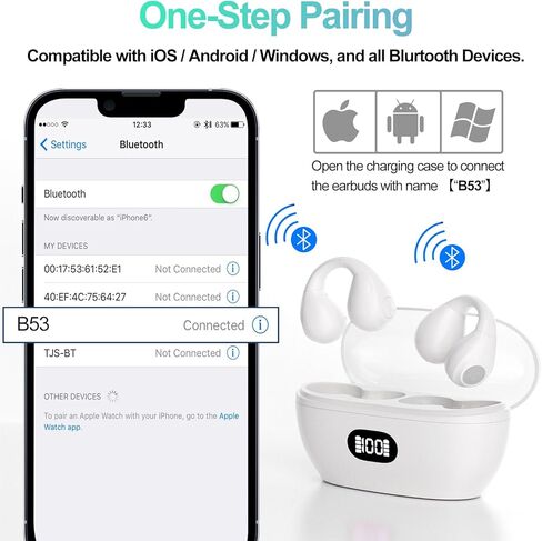 Wireless Earbuds Bone Conduction Headphones Open Ear Earbuds Wireless Bluetooth 5.3 with LED Power Display Deep Bass Clip On Earbuds for Studying Workout, and Driving Earbuds for iPhone/Samsung White in Kuwait