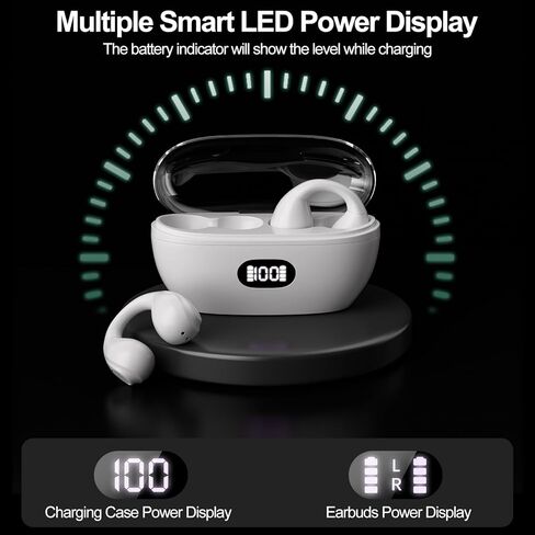 Wireless Earbuds Bone Conduction Headphones Open Ear Earbuds Wireless Bluetooth 5.3 with LED Power Display Deep Bass Clip On Earbuds for Studying Workout, and Driving Earbuds for iPhone/Samsung White in Kuwait