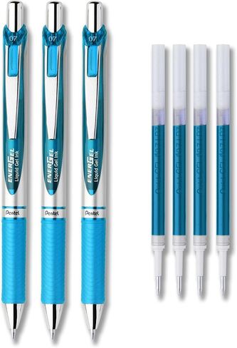 مجموعة أقلام حبر جل سائل من Pentel EnerGel Deluxe RTX، عبوة من 3 أقلام مع 0.7 مم مع 4 عبوات (أزرق سماوي - 0.5 مم) in Saudi Arabia