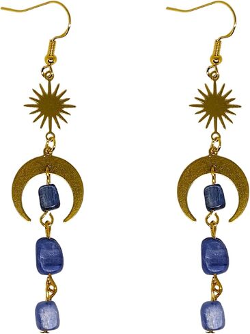 Celestial Blue Kyanite Gemstone Dangle Dainty Earrings Lightweight Sun & Moon Whimsical Earrings Handmade Gift for Her Witchy Wiccan Jewelry in Saudi Arabia