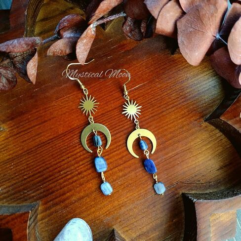 Celestial Blue Kyanite Gemstone Dangle Dainty Earrings Lightweight Sun & Moon Whimsical Earrings Handmade Gift for Her Witchy Wiccan Jewelry in Saudi Arabia
