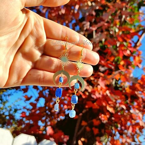 Celestial Blue Kyanite Gemstone Dangle Dainty Earrings Lightweight Sun & Moon Whimsical Earrings Handmade Gift for Her Witchy Wiccan Jewelry in Saudi Arabia