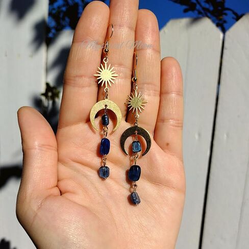 Celestial Blue Kyanite Gemstone Dangle Dainty Earrings Lightweight Sun & Moon Whimsical Earrings Handmade Gift for Her Witchy Wiccan Jewelry in Saudi Arabia