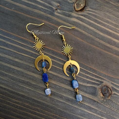 Celestial Blue Kyanite Gemstone Dangle Dainty Earrings Lightweight Sun & Moon Whimsical Earrings Handmade Gift for Her Witchy Wiccan Jewelry in Saudi Arabia