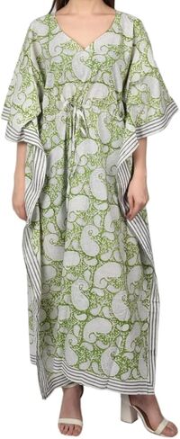 Fabric Venue Girls Hand Block Print Cotton Summer Wear Dress Caftan Dress Beach Wear Green Paisley Print Kaftan in Saudi Arabia