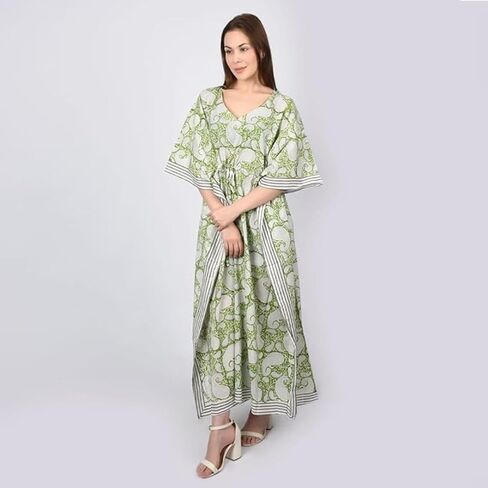 Fabric Venue Girls Hand Block Print Cotton Summer Wear Dress Caftan Dress Beach Wear Green Paisley Print Kaftan in Saudi Arabia