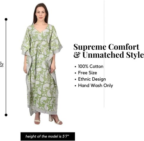 Fabric Venue Girls Hand Block Print Cotton Summer Wear Dress Caftan Dress Beach Wear Green Paisley Print Kaftan in Saudi Arabia