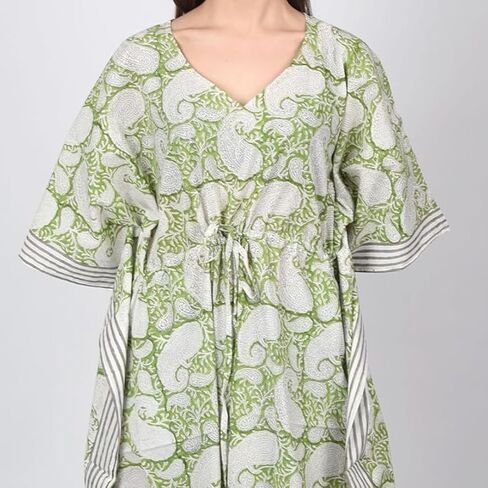 Fabric Venue Girls Hand Block Print Cotton Summer Wear Dress Caftan Dress Beach Wear Green Paisley Print Kaftan in Saudi Arabia