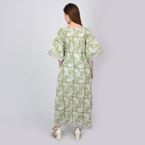 Fabric Venue Girls Hand Block Print Cotton Summer Wear Dress Caftan Dress Beach Wear Green Paisley Print Kaftan in Saudi Arabia