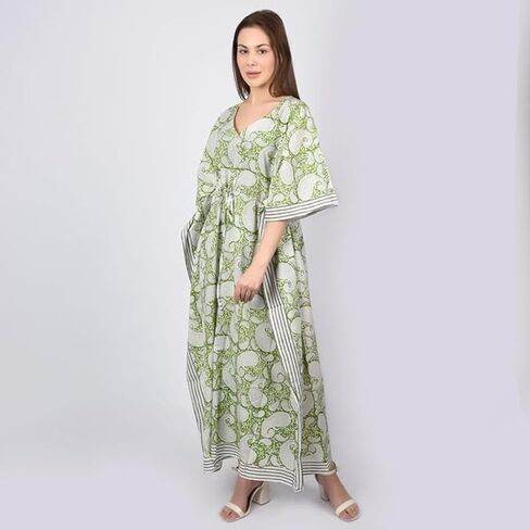 Fabric Venue Girls Hand Block Print Cotton Summer Wear Dress Caftan Dress Beach Wear Green Paisley Print Kaftan in Saudi Arabia