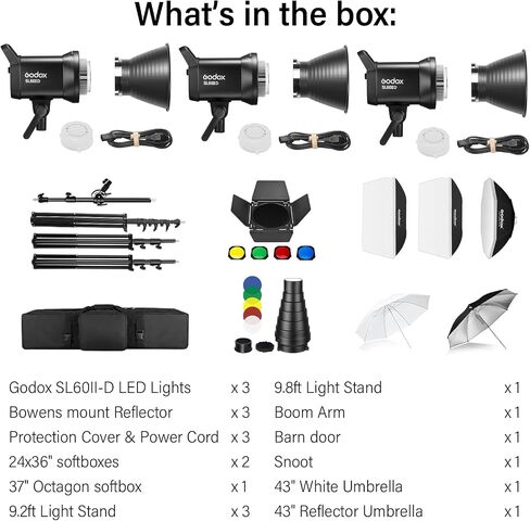 Godox SL60IID Softbox Lighting Kit Professional Studio Equipment with Softbox, SL60II-D 75W LED Video Light 3-Light Kit with APP control, Reflector, light stand, Boom Arm for Portrait Product Shooting in Saudi Arabia
