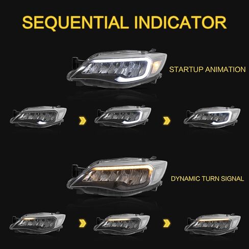VLAND Headlights Assembly Fit for 2008-2014 Subaru WRX Impreza W/Dynamic Start-up DRL, LED Front light with Sequential Turn Signal, Plug-n-Play Headlamp Reflectors, Amber in Saudi Arabia