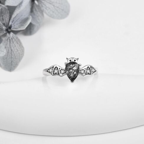 Bat Ring 925 Sterling Silver Bat Moonstone/Natural Black Rutilated Ring Gothic Jewelry Gifts for Women in Saudi Arabia
