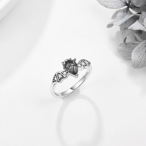 Bat Ring 925 Sterling Silver Bat Moonstone/Natural Black Rutilated Ring Gothic Jewelry Gifts for Women in Saudi Arabia
