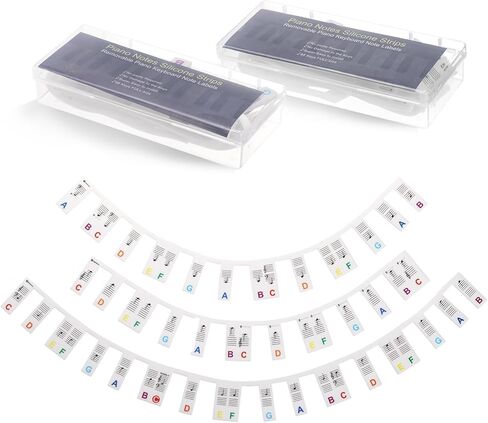 2 حزمة دليل ملاحظات البيانو للمبتدئين، ملصقات ملاحظات لوحة مفاتيح البيانو قابلة للإزالة، 61/88 مفتاح كامل الحجم ملصقات لوحة مفاتيح البيانو، دليل لوحة مفاتيح البيانو السيليكون مع صندوق (أسود وملون) in Kuwait