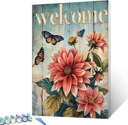 "welcome" Sign Paint by Numbers for Adults Beginners-Paint by Number Vintage Wood Grain,DIY Butterfly and Dahlia Acrylic Paint by Numbers Kits on Canvas for Adults Beginner 16x20inch(With Frame) in Saudi Arabia