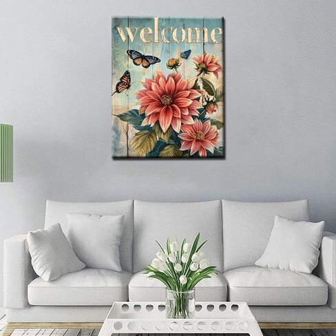"welcome" Sign Paint by Numbers for Adults Beginners-Paint by Number Vintage Wood Grain,DIY Butterfly and Dahlia Acrylic Paint by Numbers Kits on Canvas for Adults Beginner 16x20inch(With Frame) in Saudi Arabia