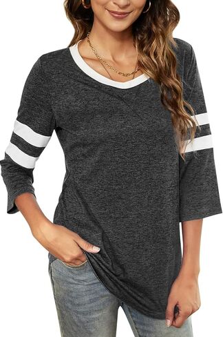 HOCOSIT Women's 3/4 Sleeve V Neck Henley Color Block Tshirts Summer Baseball Tunic Tops Boyfriend Blouse in Kuwait