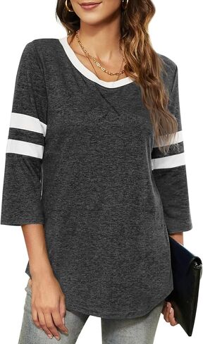 HOCOSIT Women's 3/4 Sleeve V Neck Henley Color Block Tshirts Summer Baseball Tunic Tops Boyfriend Blouse in Kuwait