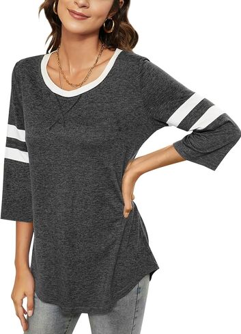 HOCOSIT Women's 3/4 Sleeve V Neck Henley Color Block Tshirts Summer Baseball Tunic Tops Boyfriend Blouse in Kuwait