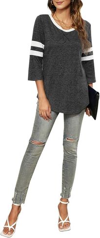 HOCOSIT Women's 3/4 Sleeve V Neck Henley Color Block Tshirts Summer Baseball Tunic Tops Boyfriend Blouse in Kuwait