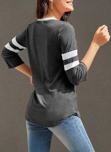 HOCOSIT Women's 3/4 Sleeve V Neck Henley Color Block Tshirts Summer Baseball Tunic Tops Boyfriend Blouse in Kuwait